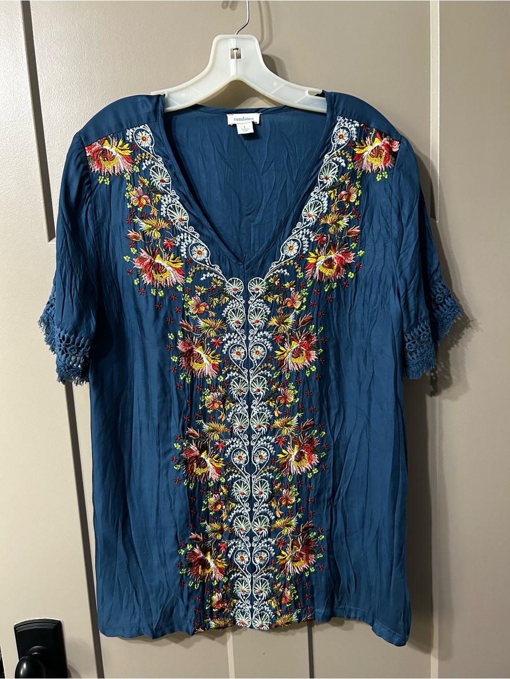 Anthropologie Sundance Rossi Blue teal Embroidered V-Neck Lace Sleeve